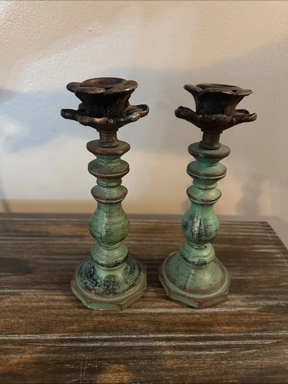 Pair of Candlesticks Vintage Look French Cottage Distressed Green Cottagecore